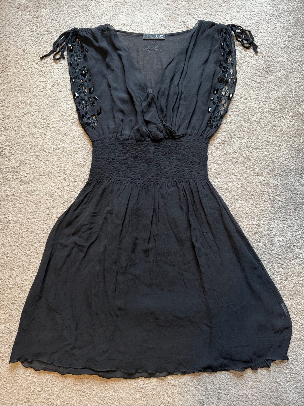 Liu Jo Black V-Neck Smocked-Waist Dress with Cutout Sleeve Detail